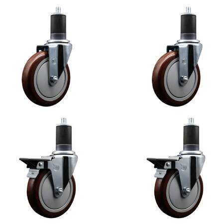 Service Caster 5'' Maroon Poly Wheel Swivel 1-5/8'' Expanding Stem Caster Set 2 Brakes, 4PK SCC-EX20S514-PPUB-MRN-2-PLB-2-158